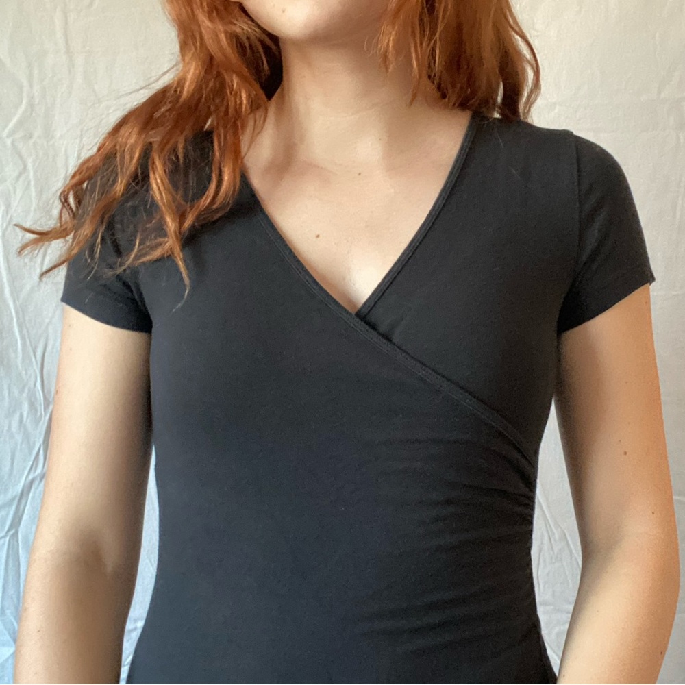 black wrap v-neck short-sleeve bodysuit